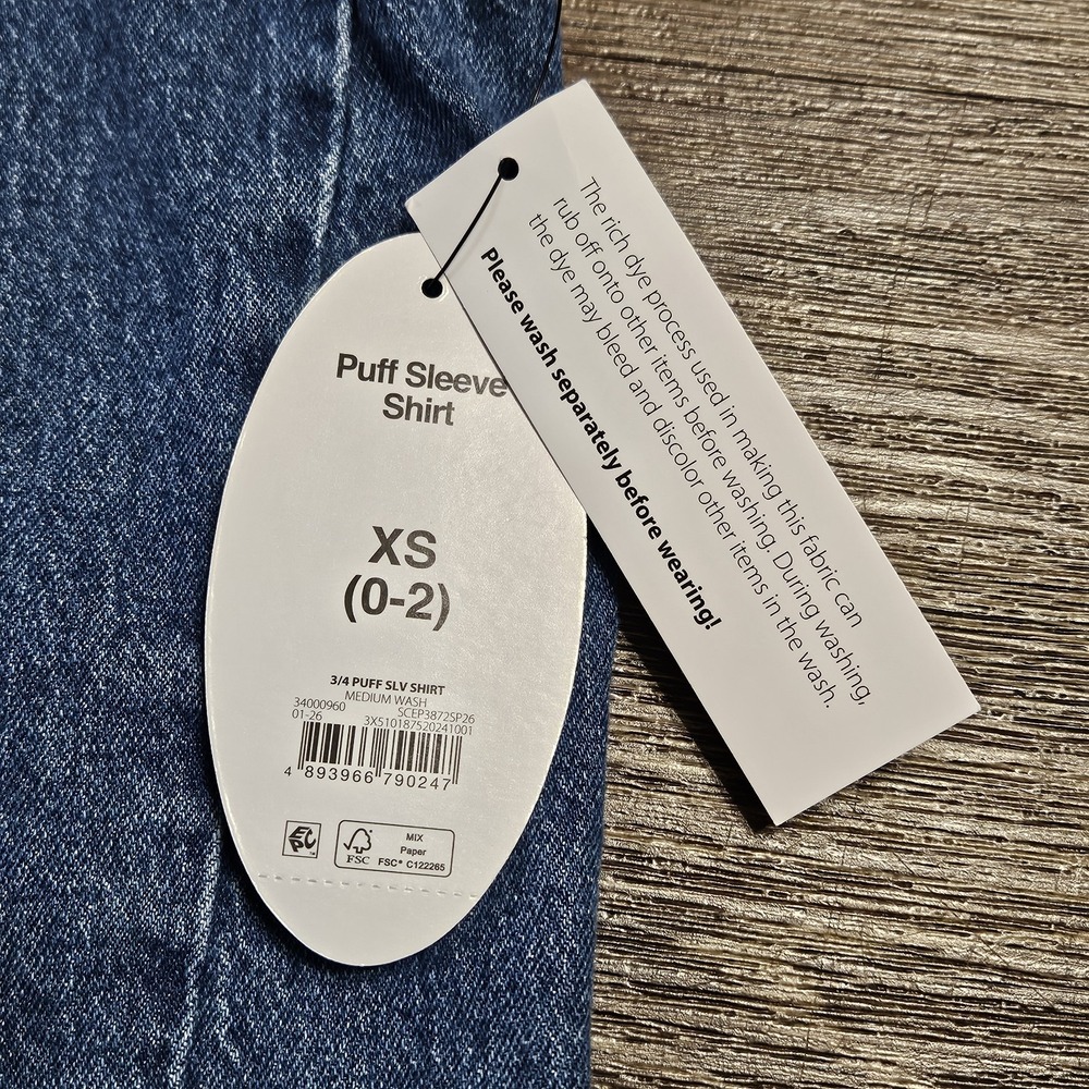 Scoop Women's Blue Denim Collared Button-Up Puff 3/4 Sleeve Blouse Sz XS (0-2) - Picture 9 of 9